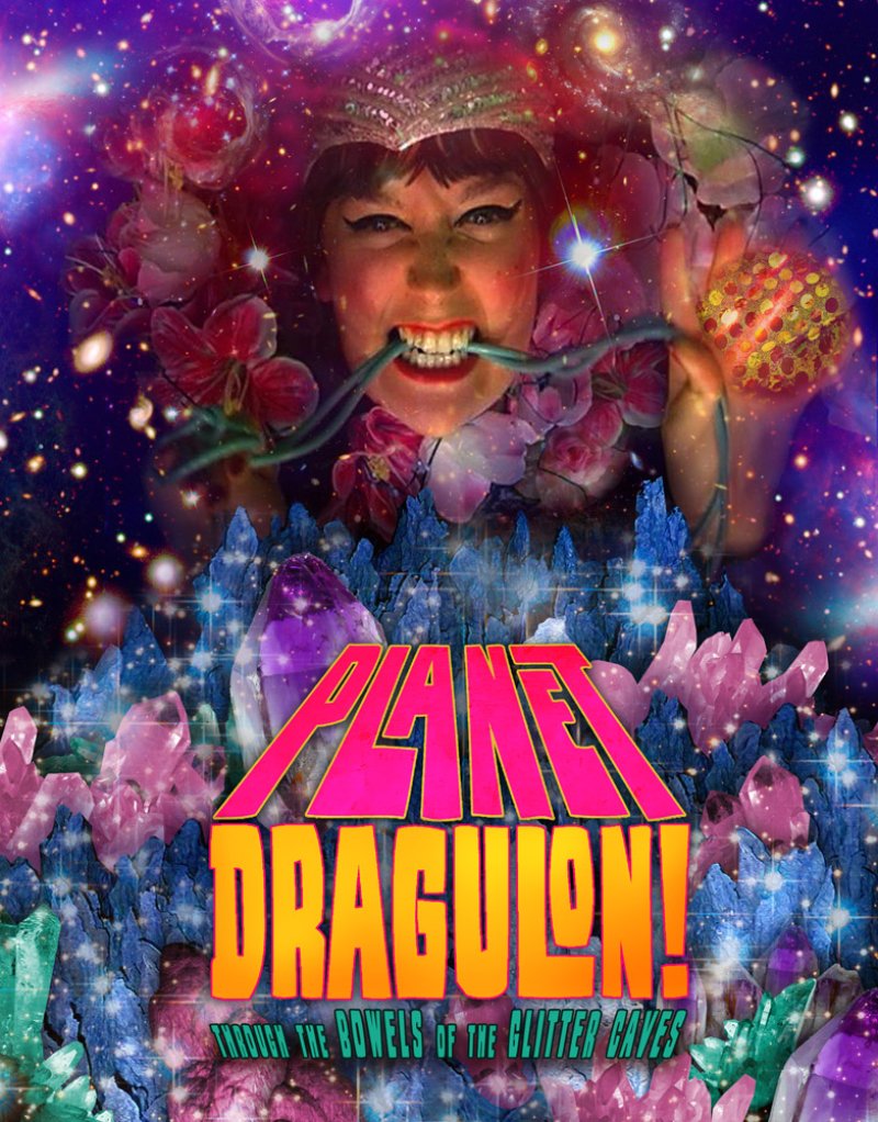Digital art featuring a woman with a crown, flowers, and a cord in her mouth, set against a starry, galaxy-like background. Below, text reads "Planet Dragulon!" above crystal formations.