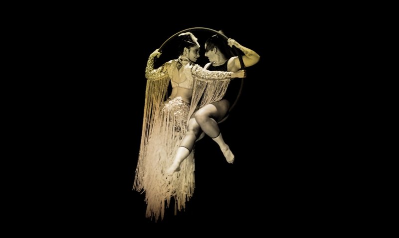 Two aerialists in a hoop, one in a fringed costume, in muted gold tones against a black background.