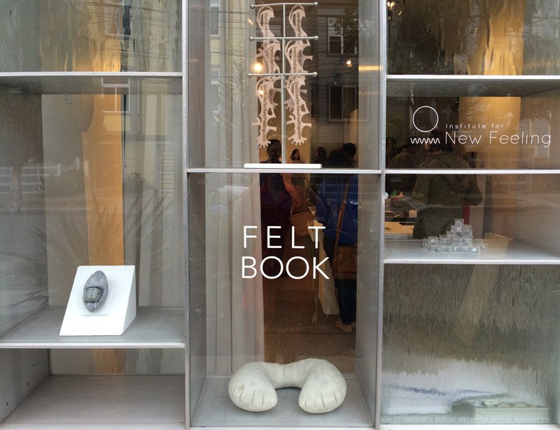 Storefront display with "FELT BOOK" text, a hanging felt sculpture, a neck pillow, and a small gray object on shelves.