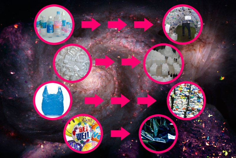 Collage of pink-circled images showing plastic waste, recycling, and art installations, on a dark galaxy background.
