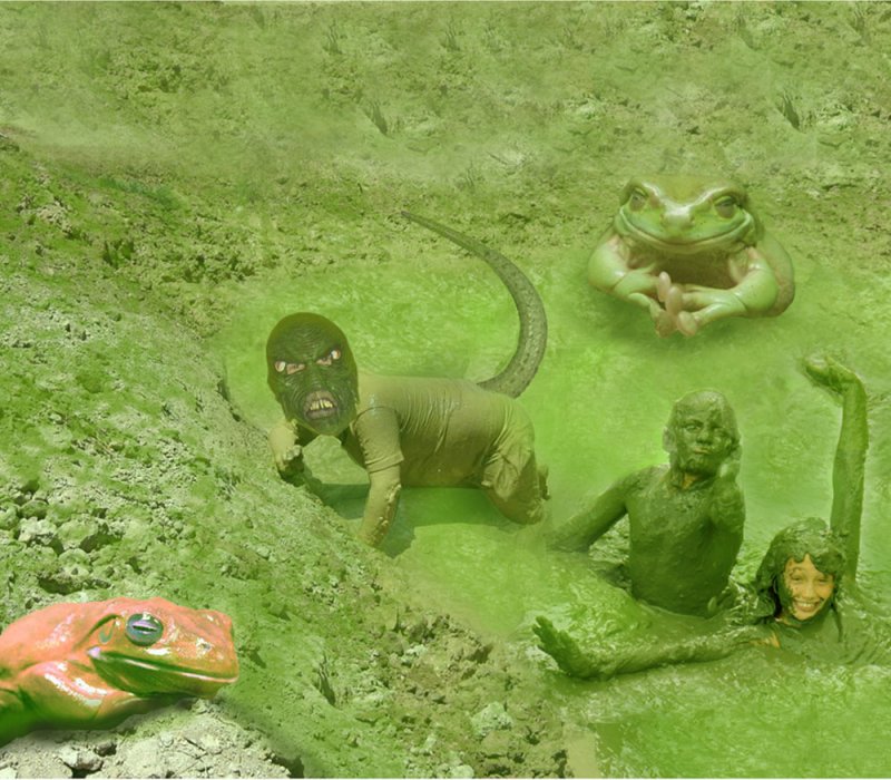 Green-toned artwork of a baby in a monster mask and tail, two people, and two frogs in a muddy, swampy landscape.