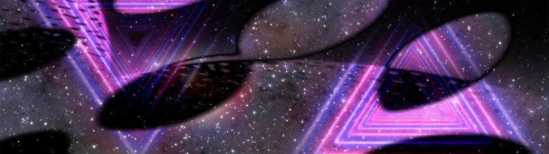 Abstract digital art with glowing pink and purple neon triangles against a starry, dark purple and black galaxy background.
