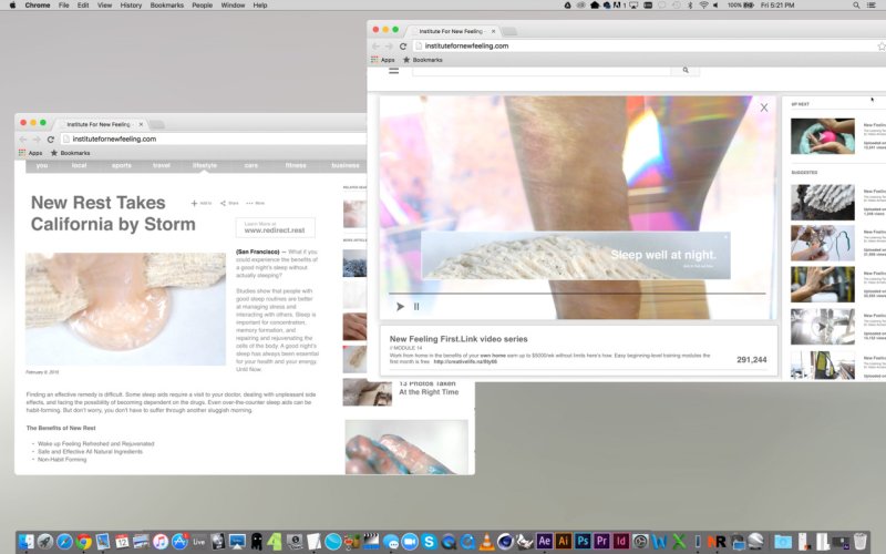 Two overlapping browser windows display a news article about sleep and a video series on "New Feeling.
