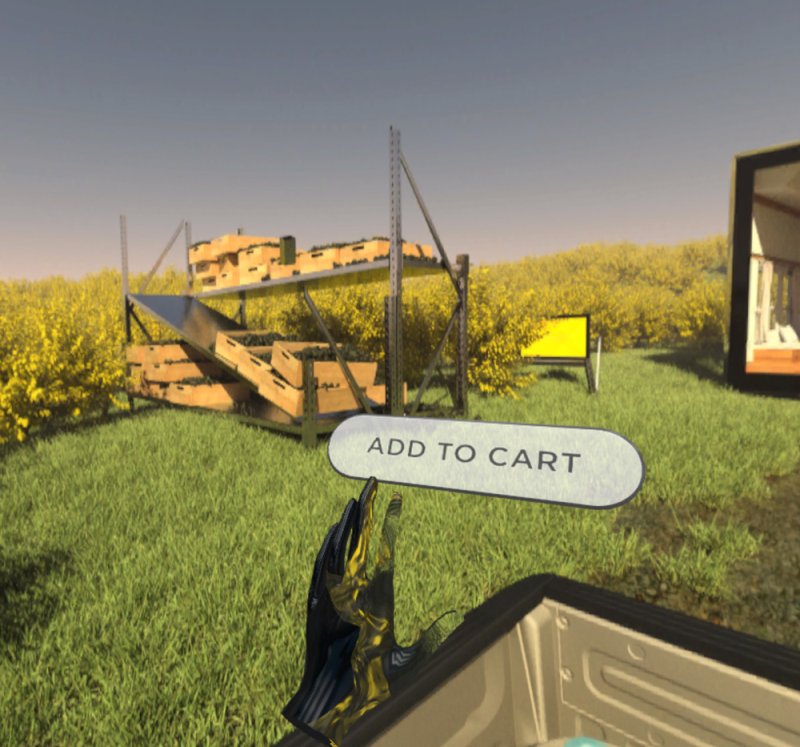 Digital art of a virtual hand hovering over an "ADD TO CART" button, with a field of yellow flowers and structures in the background.