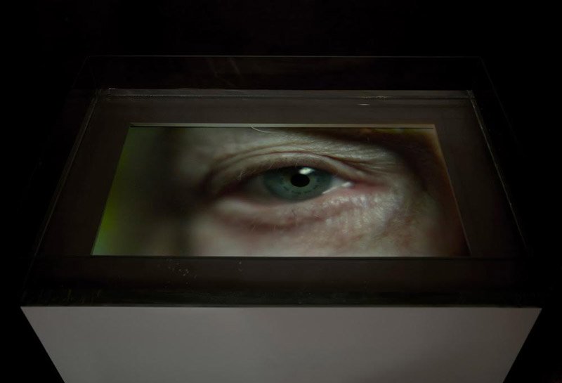 Close-up of a human eye with a green iris, displayed on a screen within a dark, rectangular frame.