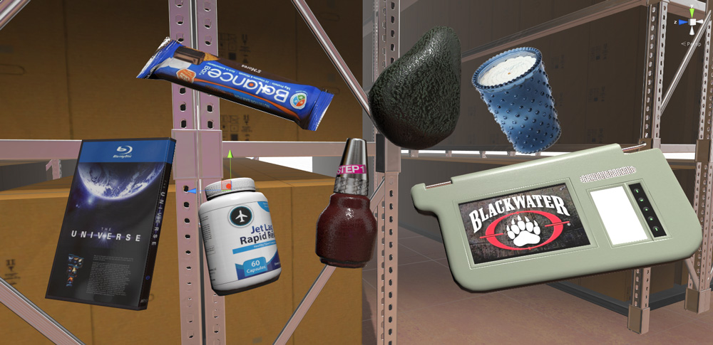 Various objects, including an avocado, nail polish, a "Blackwater" sun visor, and a "The Universe" Blu-ray, against a warehouse backdrop.